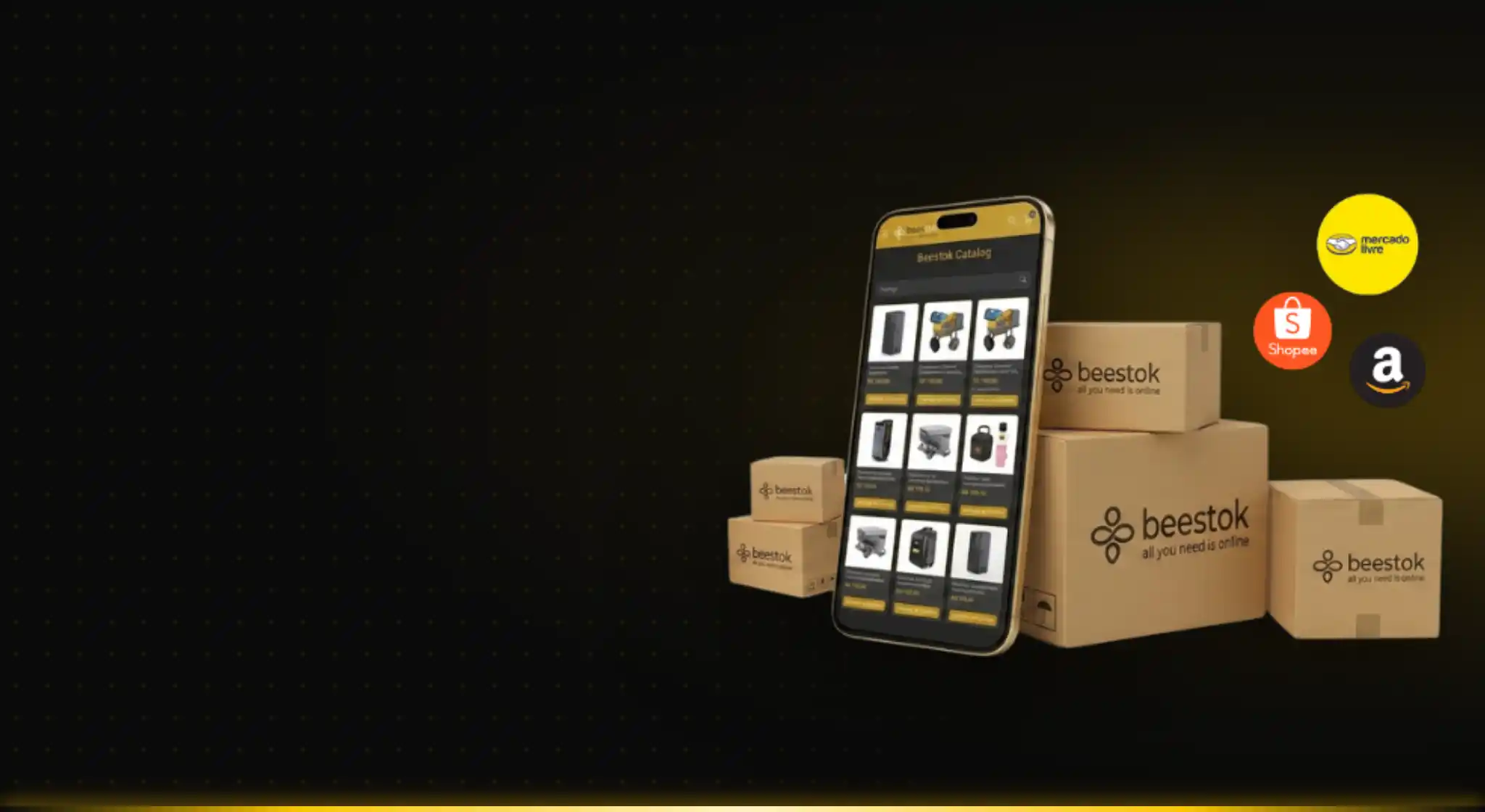 Aplicativo Beestok no celular ao lado de caixas da marca e dos selos de Mercado Livre, Shopee e Amazon
